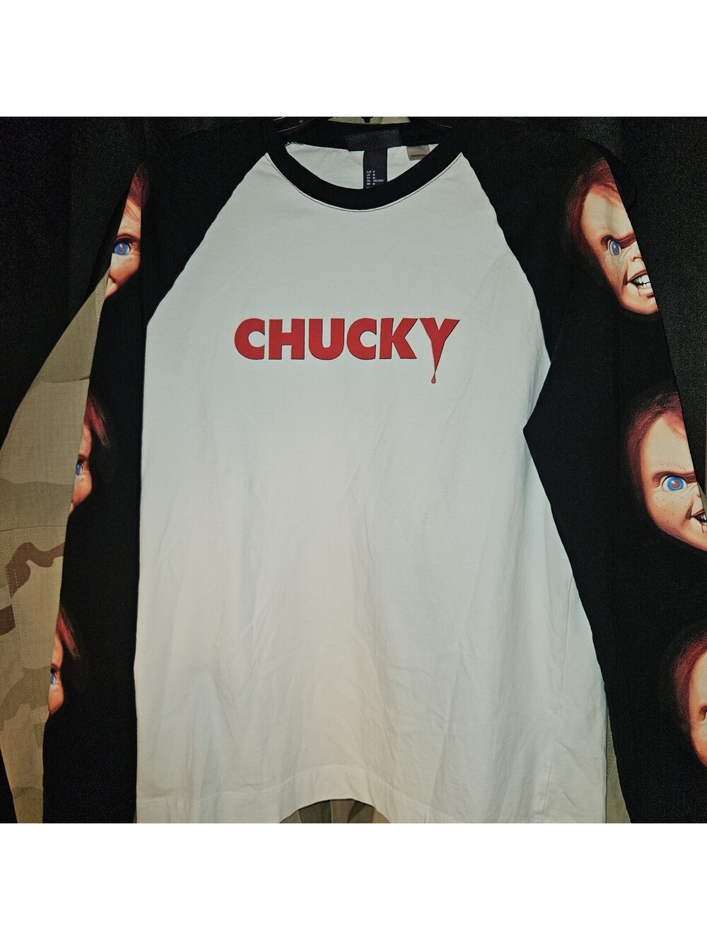 H&M Long Sleeve Chucky T-Shirt Wht/Blk  100% Cotton Size Medium